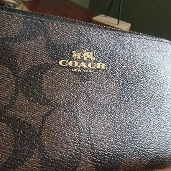 Coach F53937 Double Zip Wallet Signature Coated Canvas Black Brown - Picture 2 of 16